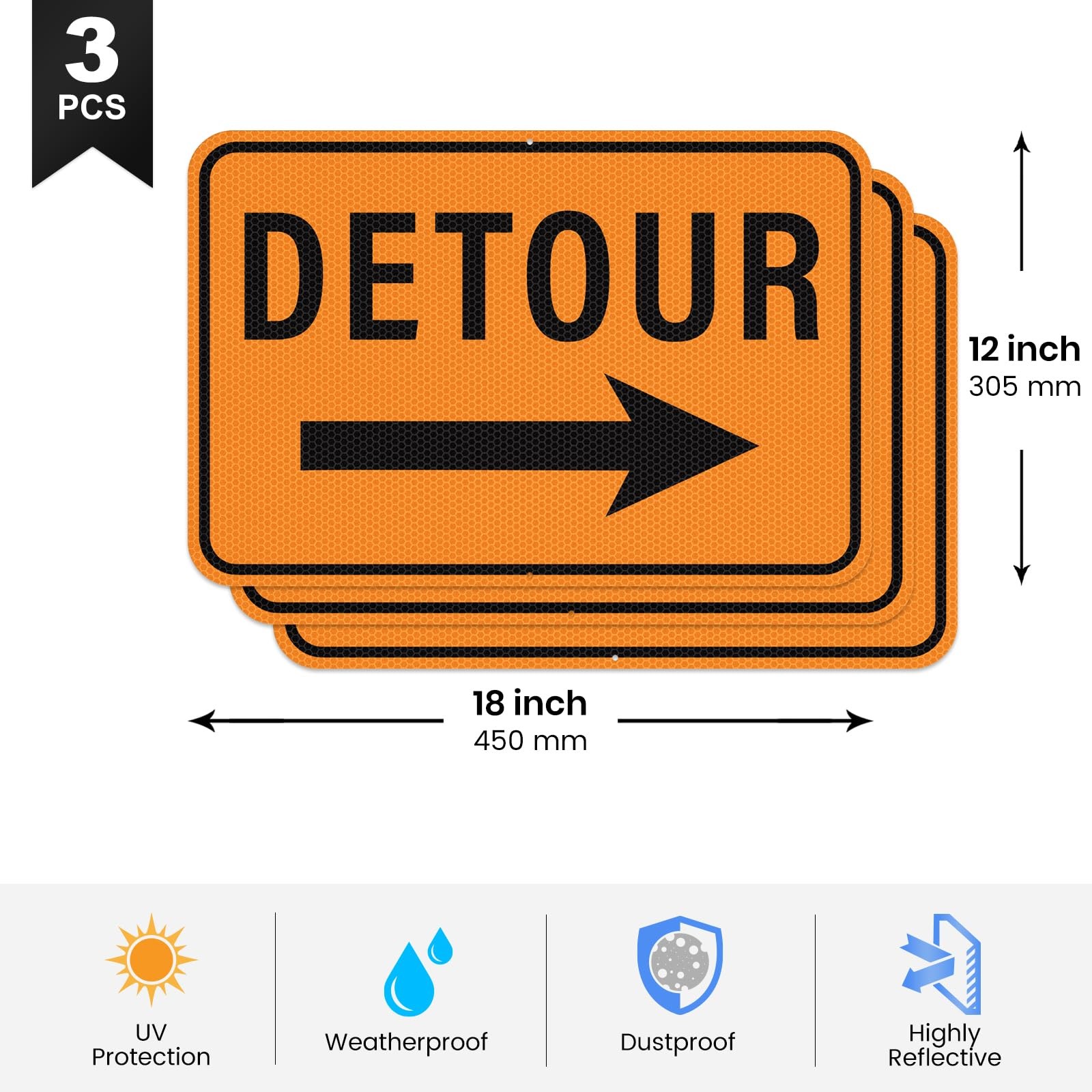 3 PCS Road Closed Detour Sign Right Left Arrow 18×12 Inch Reflective Pot
