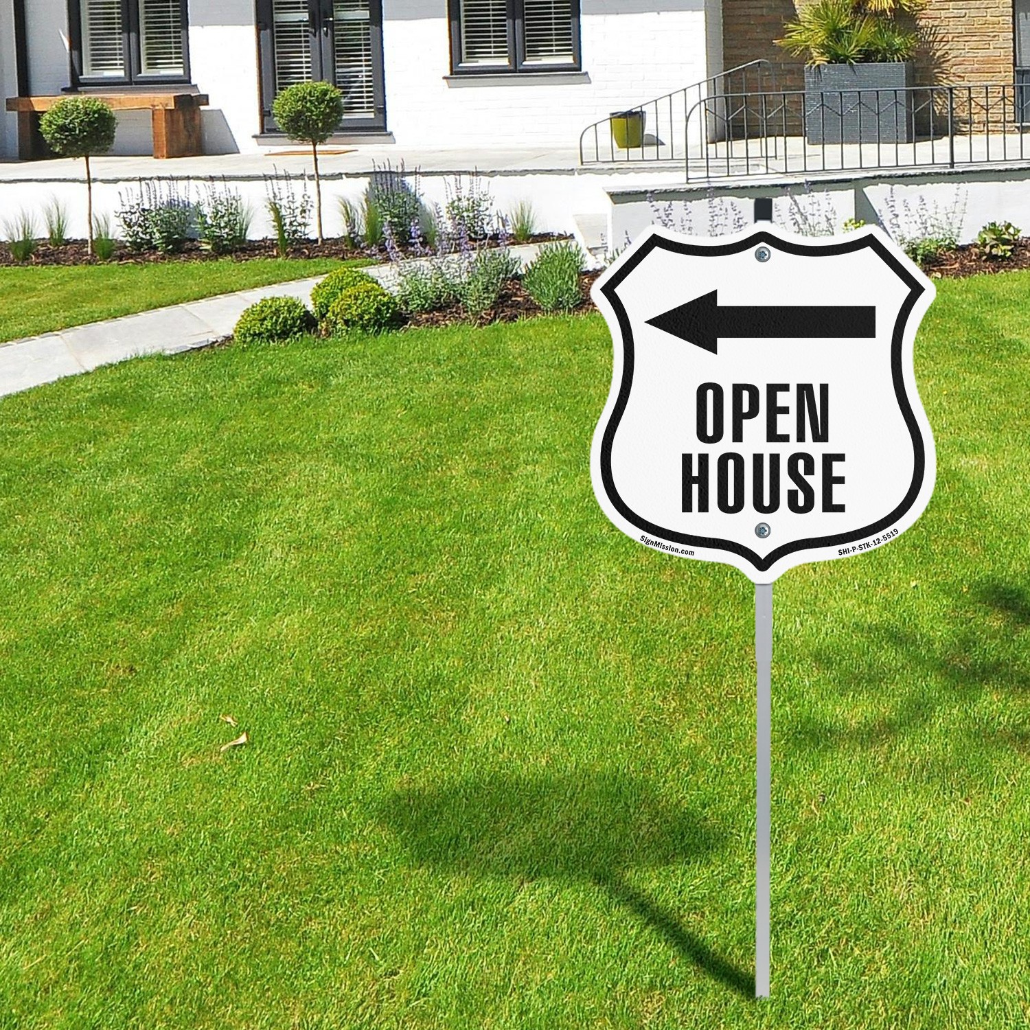 Open House Left Shield Shaped Sign With Stake Crafted in the USA