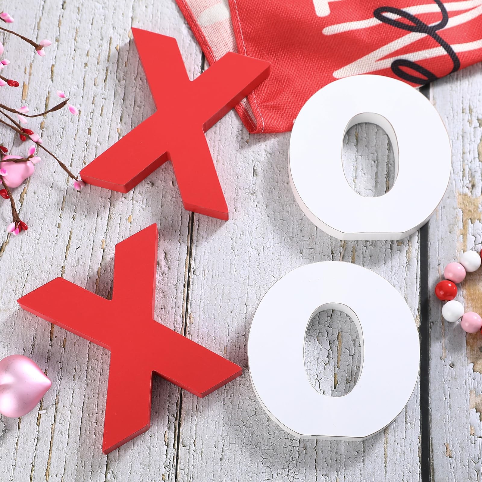 Wooden XOXO Tabletop Sign White Red Valentines Decor Mantel Fireplace Party