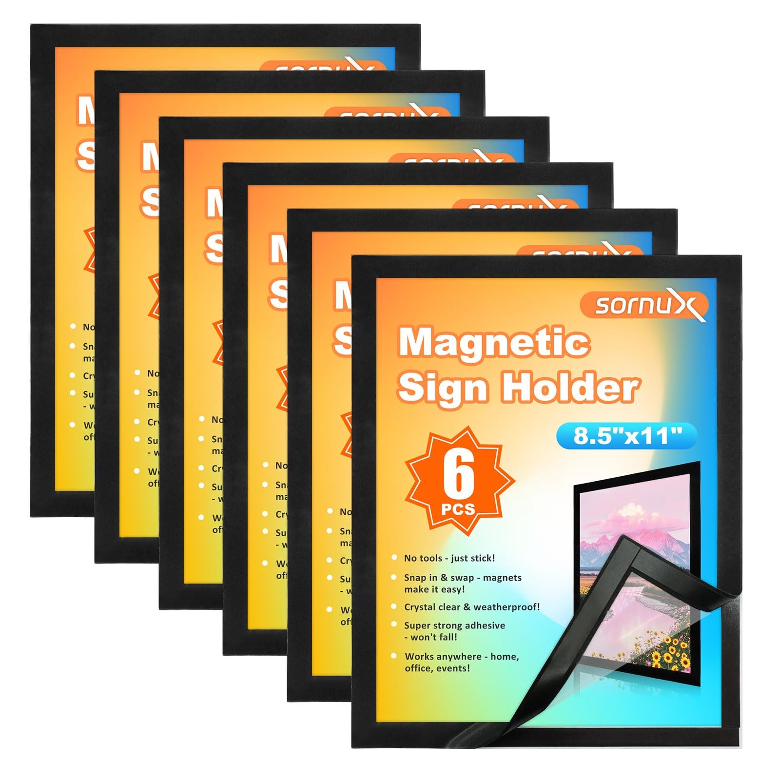 8.5 x 11 Magnetic Sign Holder 6 Pack, Self-Adhesive 8.5&Prime;x11&Prime; 6Pack, Black