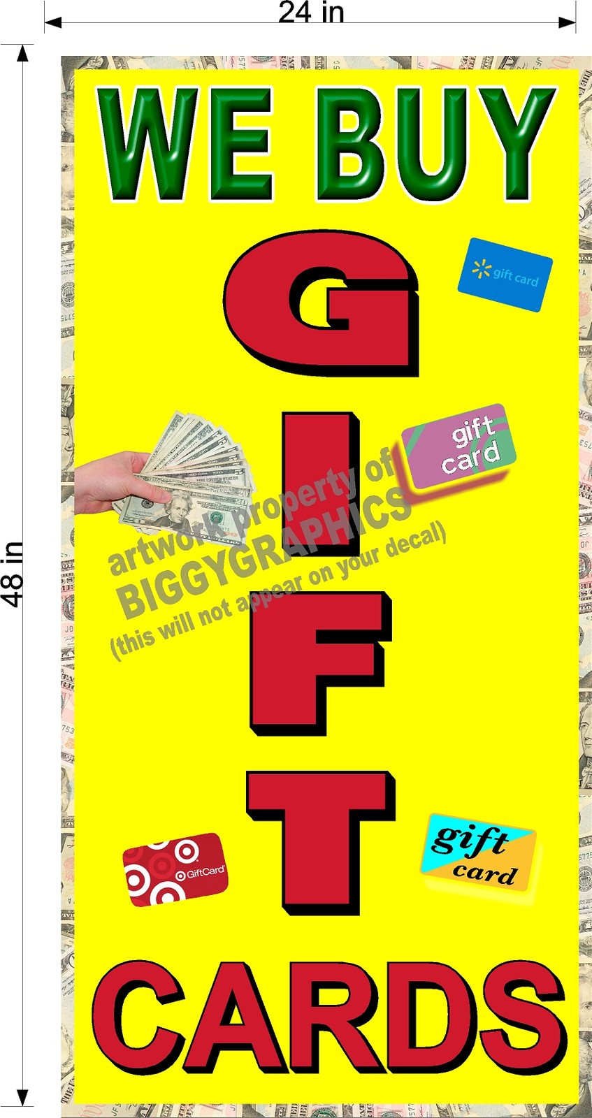 NEW PERFORATED WINDOW VINYL DECAL BUY GIFT CARDS 2&prime; X 4&prime; LARGE GRAPHIC VERTICAL