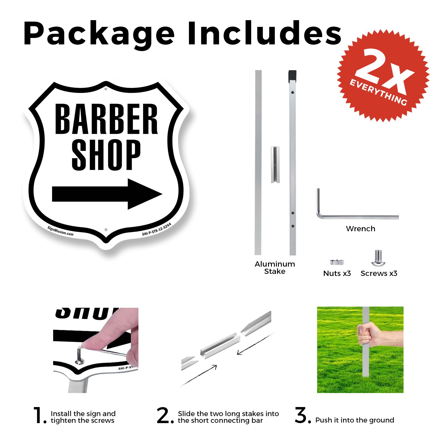 Barber Shop Right Arrow Shield Shaped Sign With Stake Crafted in the USA
