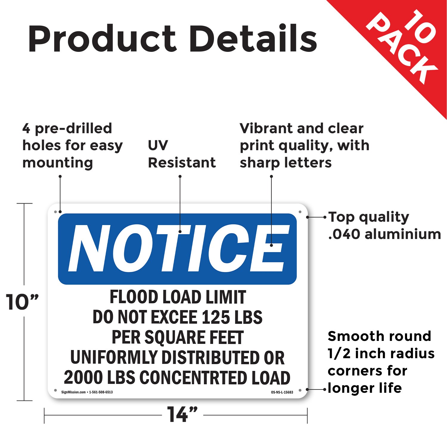 Floor Load Limit Do Not Exceed 125 OSHA Notice Sign Metal, Decal – 5 or 10 Pack