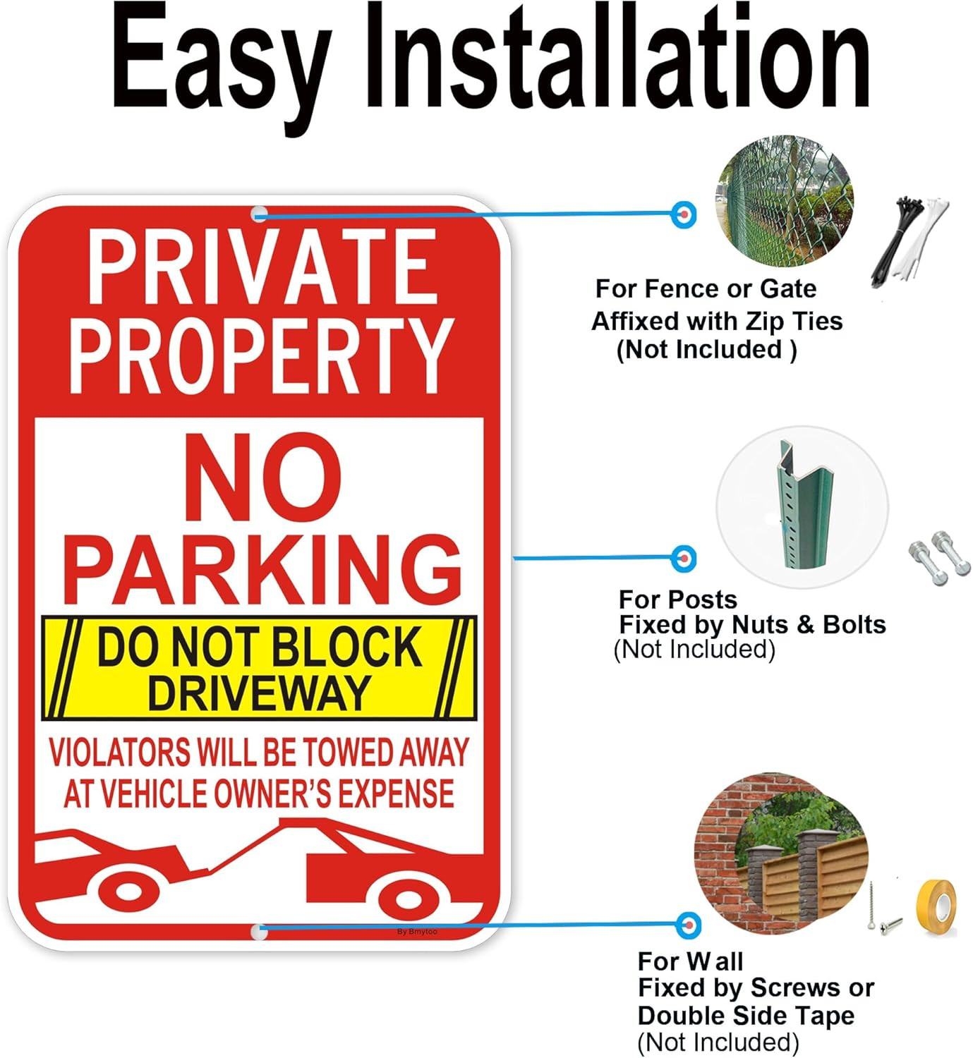 4-Pack Reflective No Parking Signs – Private Property, Towed at Owner&rsquo;s Expense