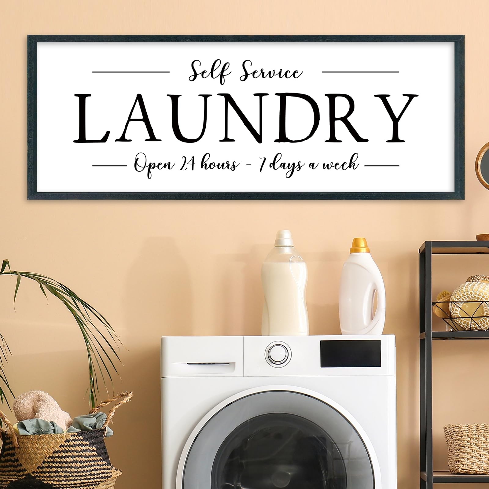 Framed Laundry Room Sign, 32 x 12 Inch Self Service Open 24 Hours Farmhouse W…