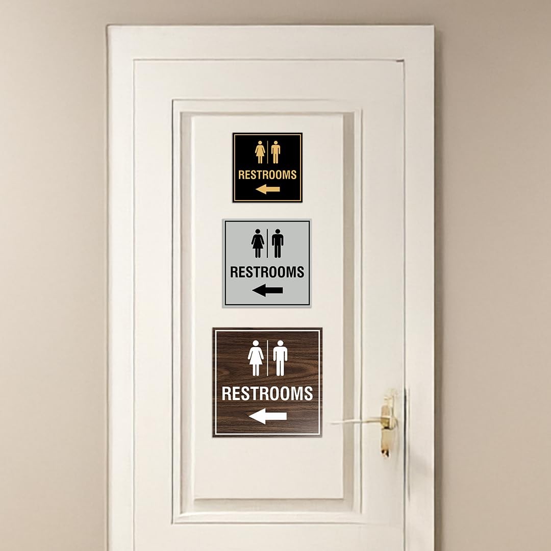 Square Restrooms left arrow Sign with Adhesive Tape Black – Large 1 Pack