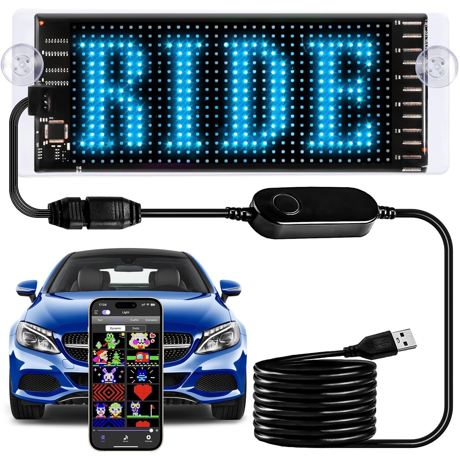 Programmable LED Matrix Light Sign for Car – Bluetooth Custom Text & Animation D