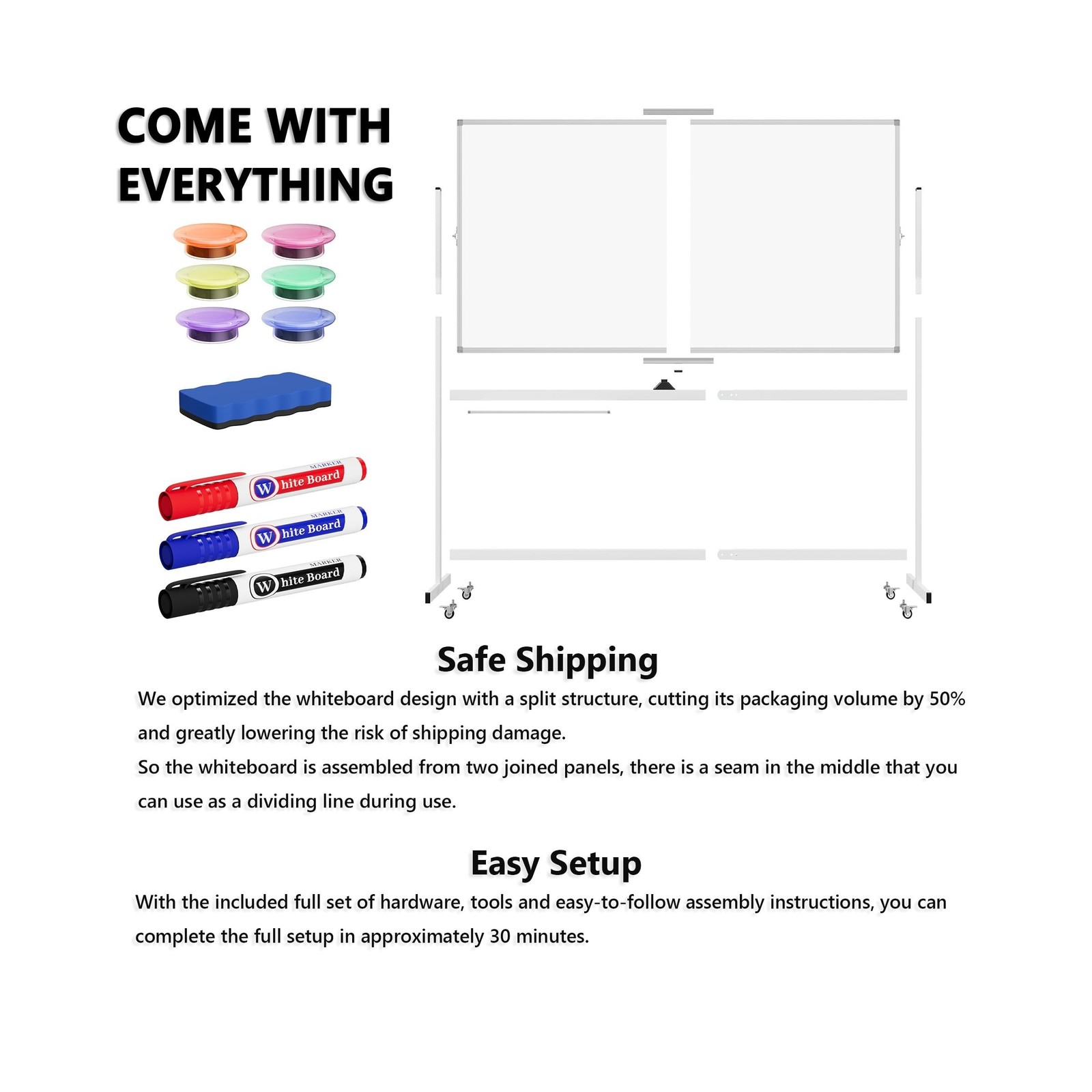 Large Rolling Whiteboard on Wheels, 72&Prime; x 40&Prime; Double-Sided Mobile White Board…