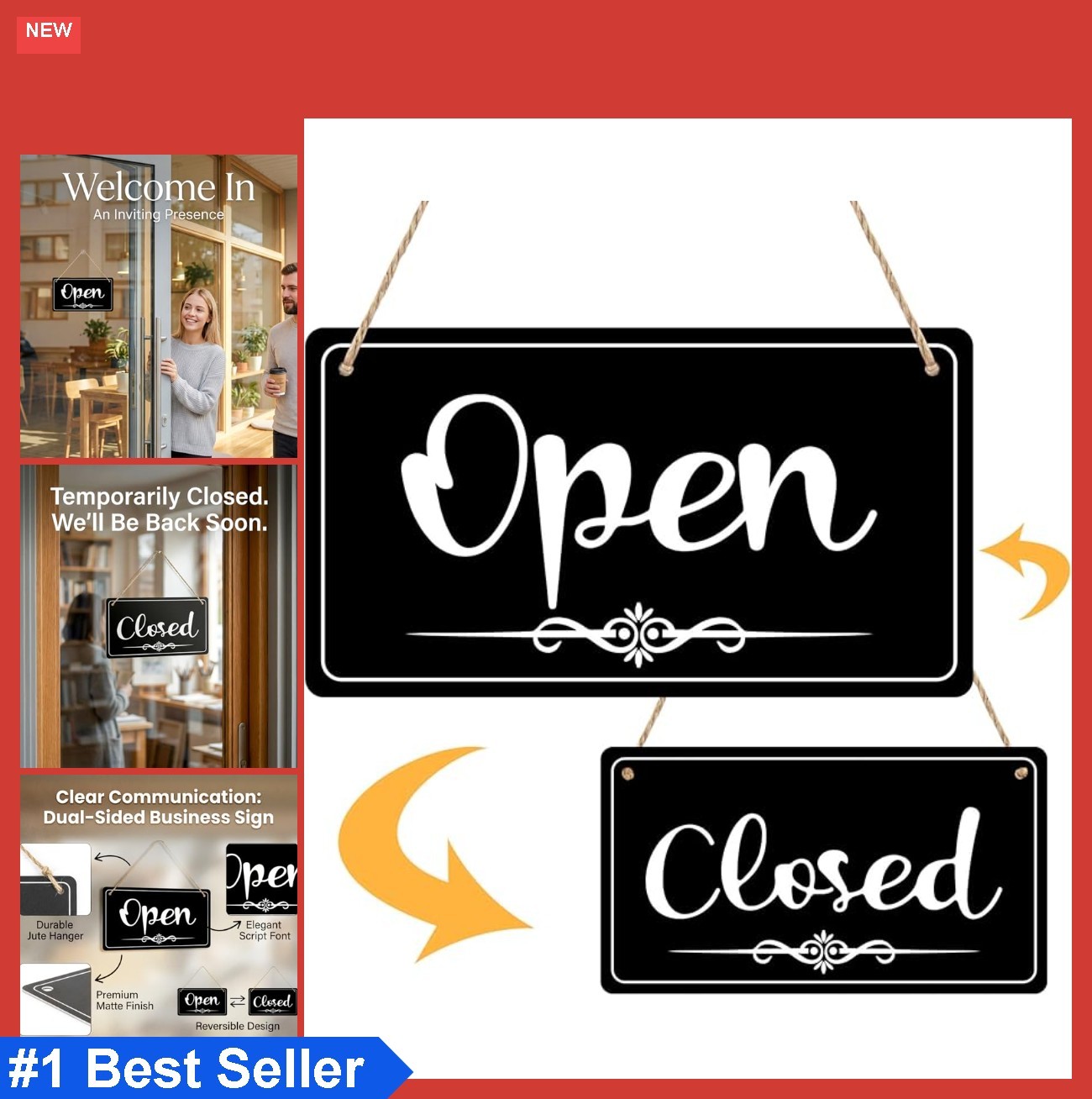 Double Sided Open Closed Sign Business Hours Hanging Store Sign with Rope