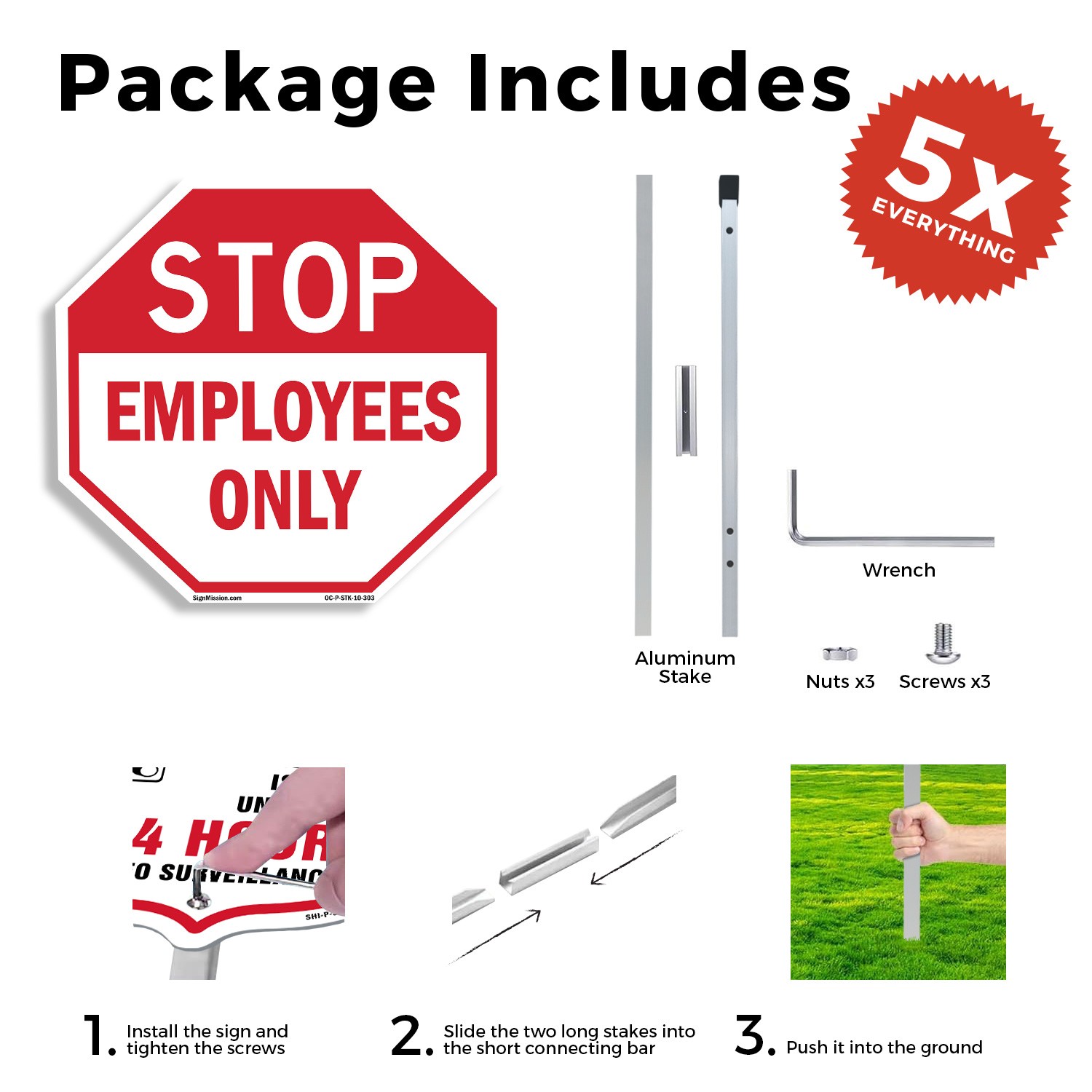Stop Employees Only Octagon Sign With Stake Weather Resistant UV Protected
