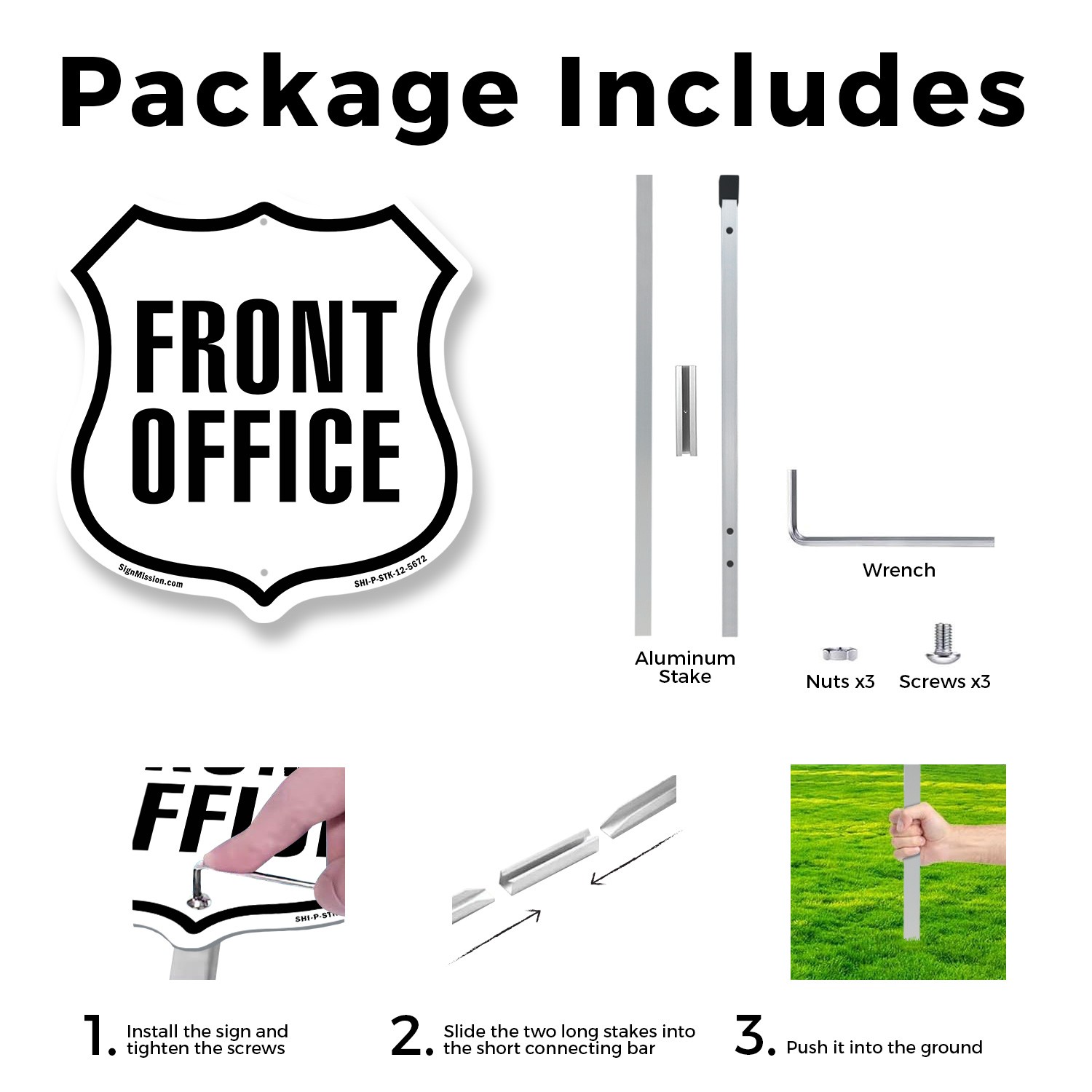 Front Office Shield Shaped Sign With Stake Weather Resistant Crafted in the USA