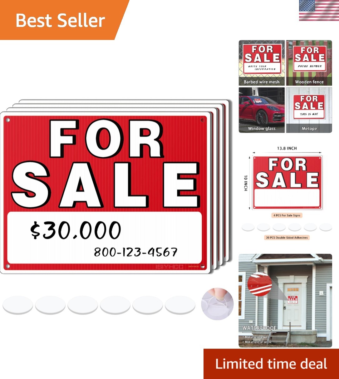 4 Pack of For Sale Signs – 14&Prime;x10&Prime;, No Residue for Easy Vehicle Selling