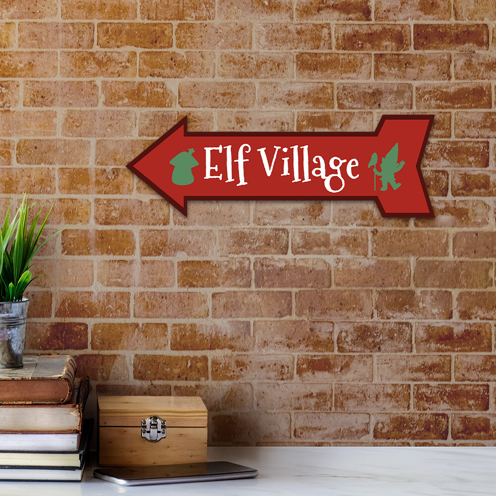 Arrow Shape Plus Elf Village 12×4&Prime; Wall or Door Sign
