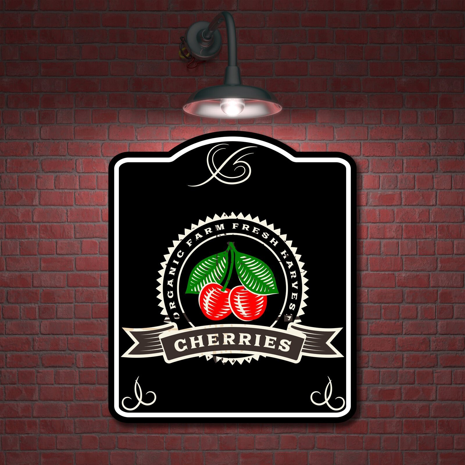 Vintage Cherry Organic Fruit Produce Kitchen Decor BLACK Aluminum Composite Sign