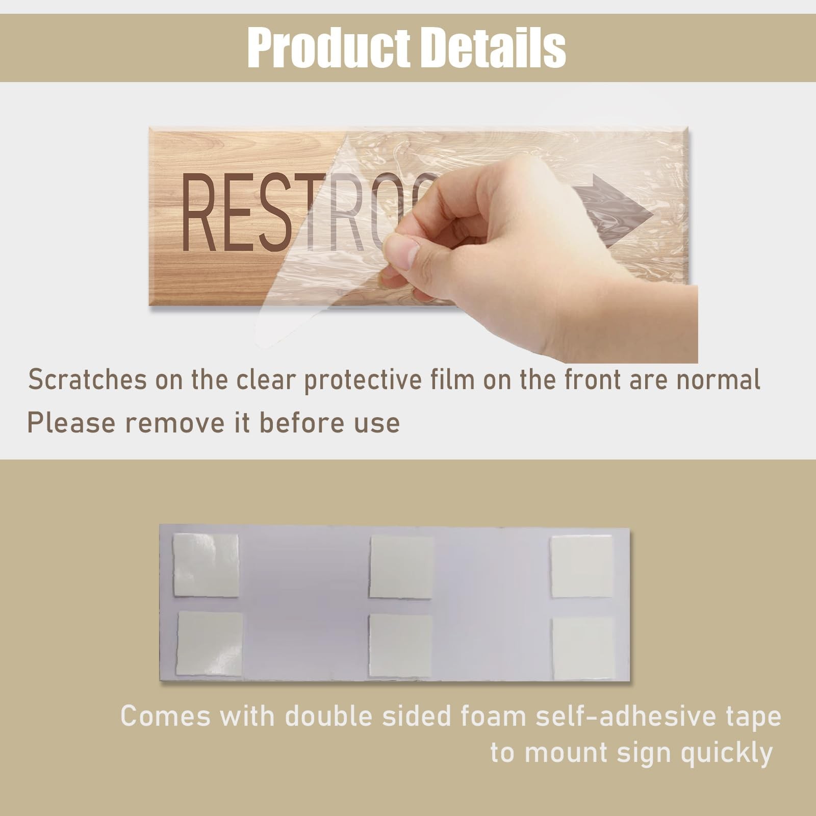 9×3 inch Wood Graining Acrylic Restroom Sign with Right Arrow Self-Stick