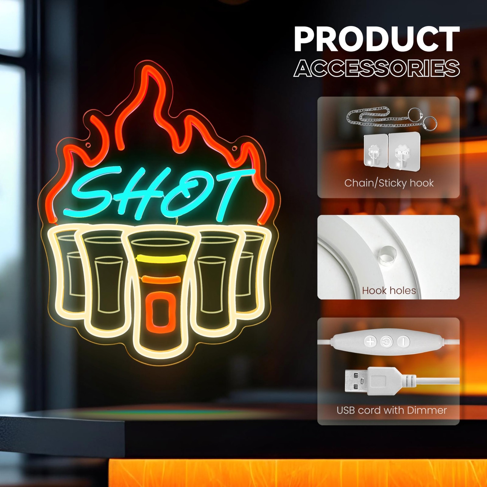Shot Neon Sign, Bar Neon Signs for Wall Decor, Dimmable Acrylic Neon Lights f…