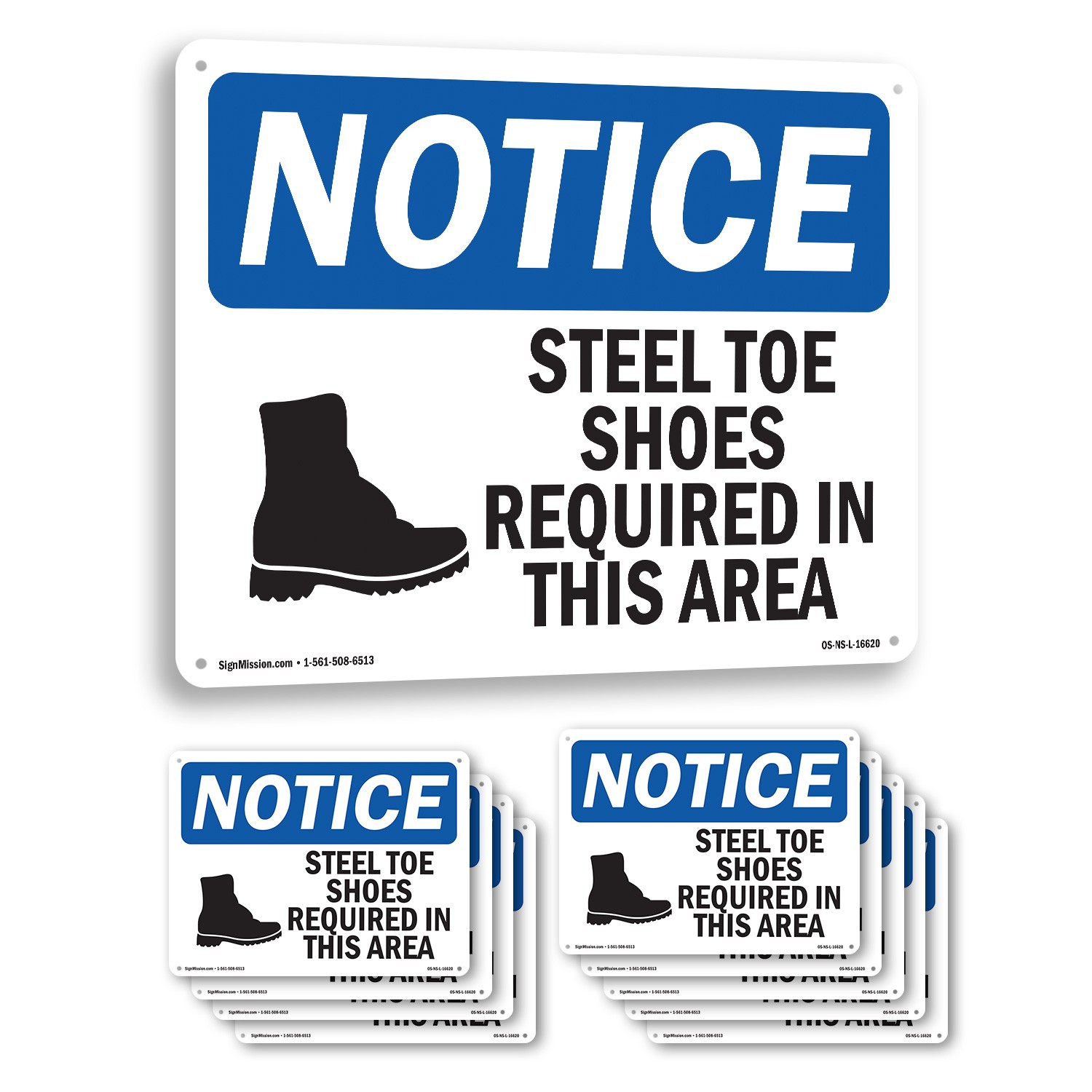 Steel Toe Shoes Required Area OSHA Notice Sign Metal Plastic, Decal 5 or 10 Pack