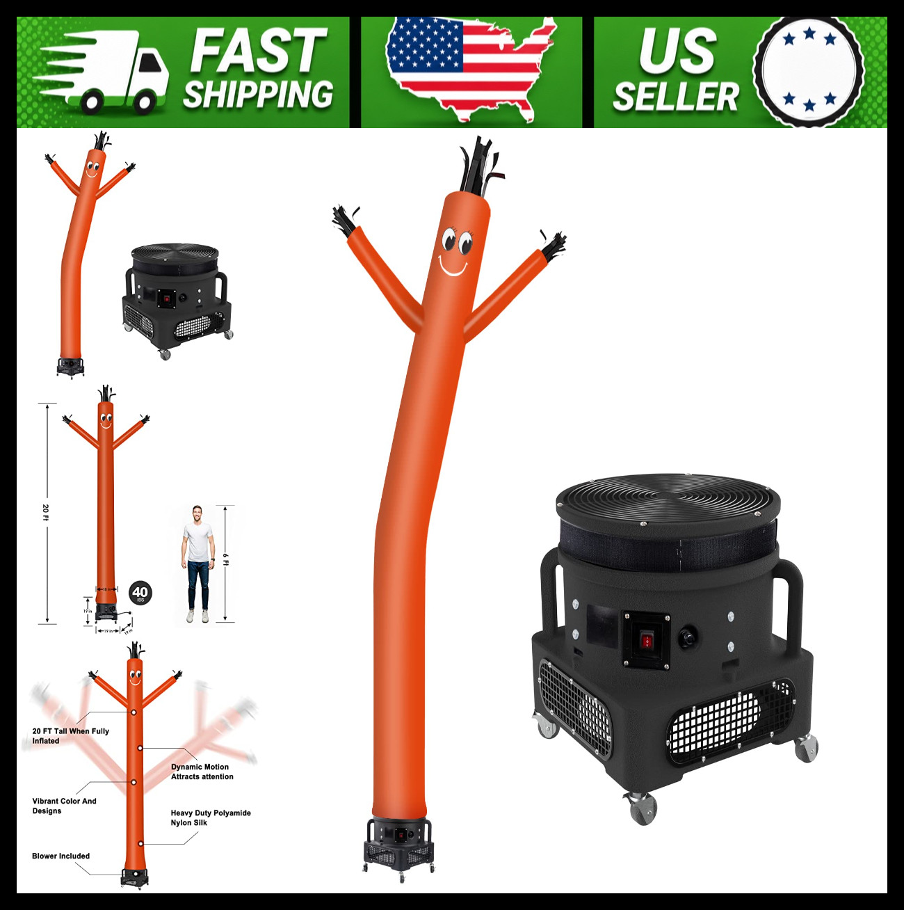 20ft Orange Inflatable Tube Man with 1HP Blower Complete Set