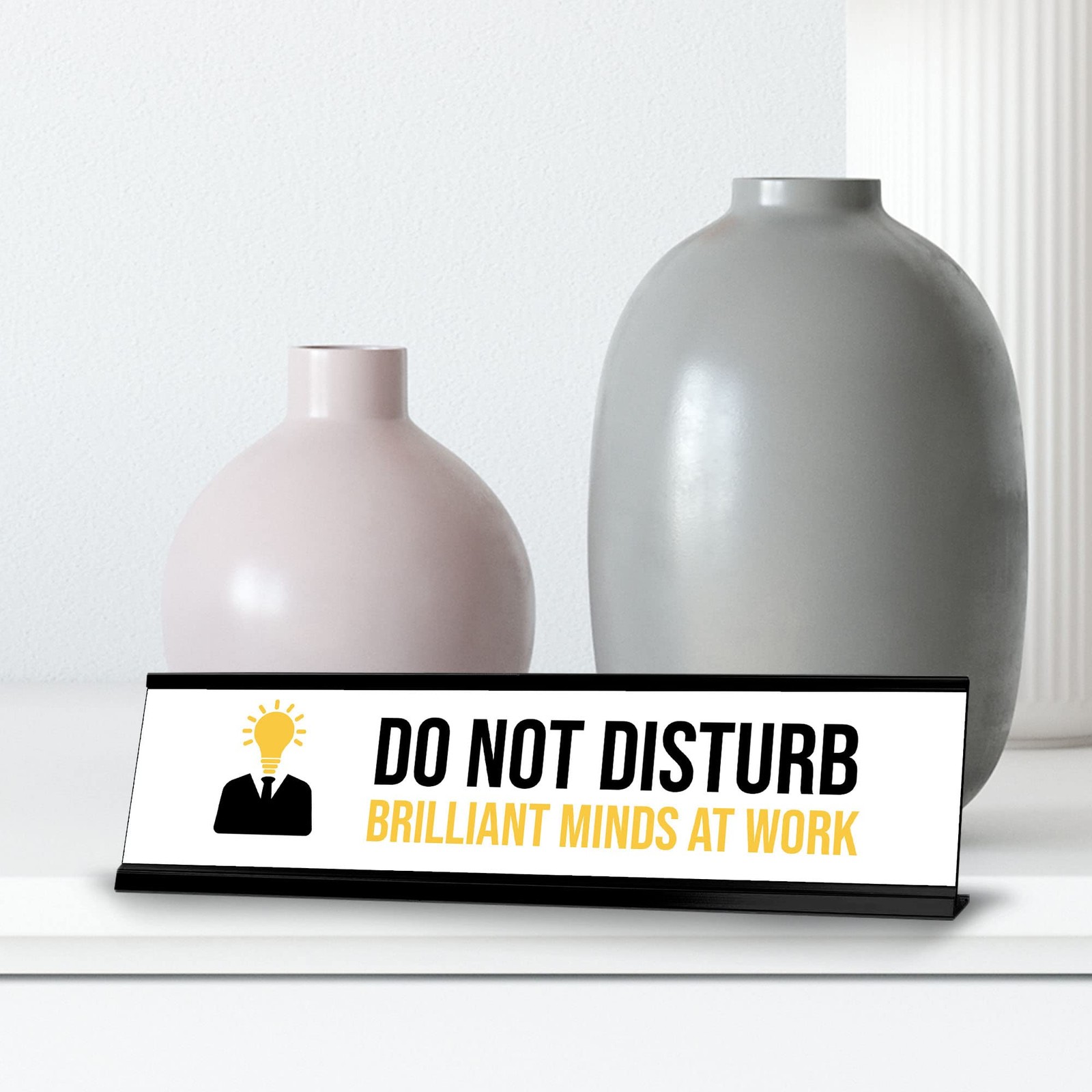 Do Not Disturb Brilliant Minds At Work, Bulb Black Frame, Desk Sign (2×8&Prime;)