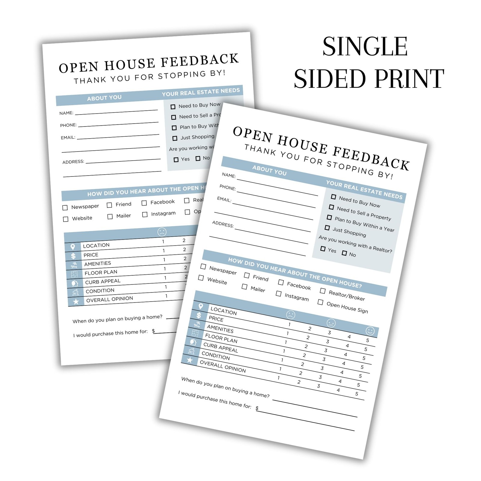75 PCS Realtor Open House Feedback Form 5.5×8.5 Inch Flyer Client Sign Sheet