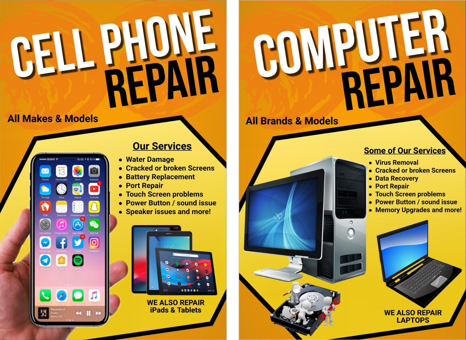 Cell Phone Repair Computer Repair All Makes and Models Advertising Poster Signs