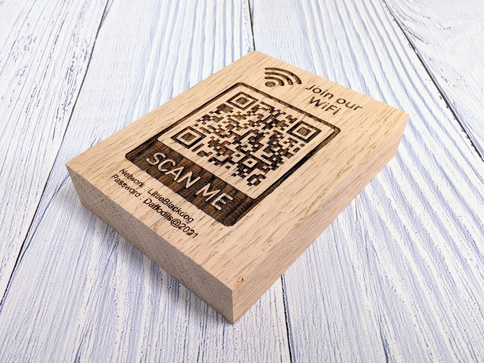 WiFi QR Code Oak Sign, Freestanding WiFi Sign – Hotel Guestroom – Password Sign