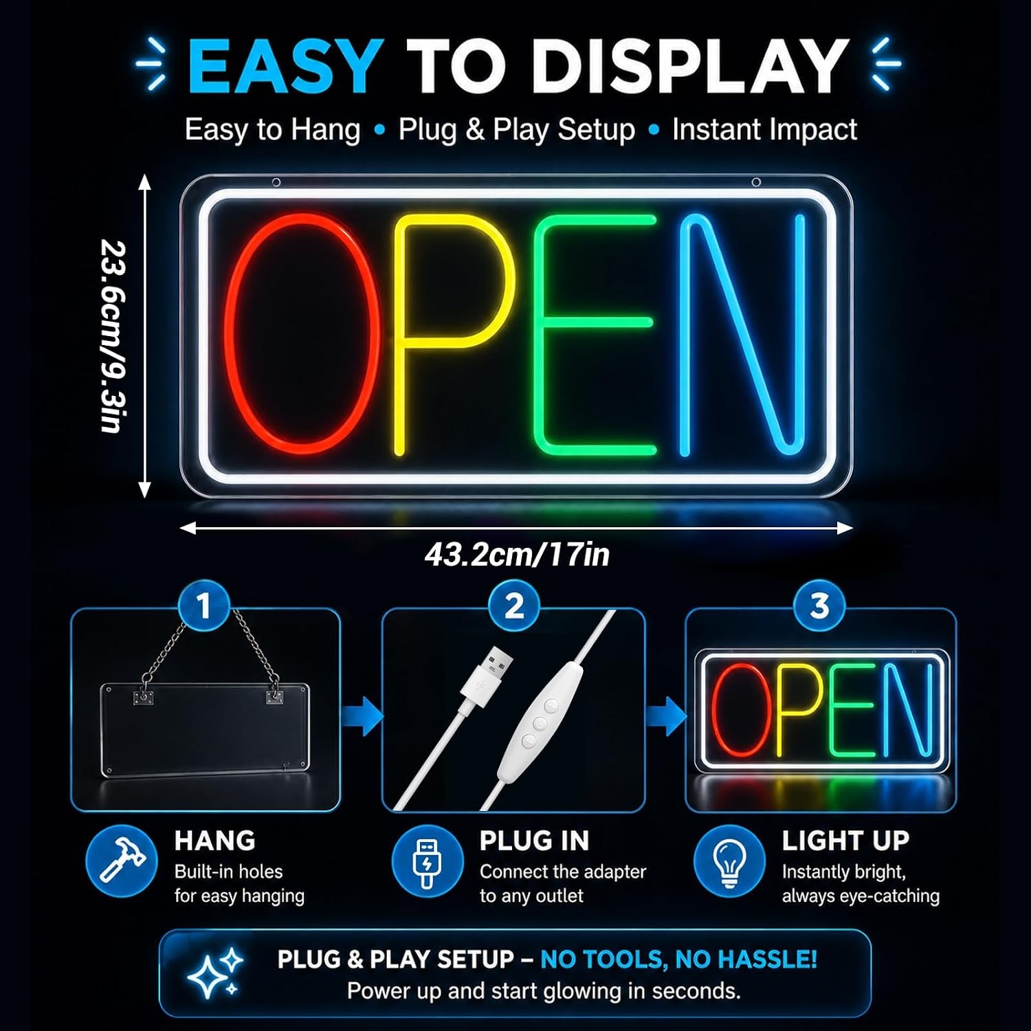 Open Sign Neon Light 17&Prime; X 9.3&Prime; LED Open Sign for Business Window Multicolor