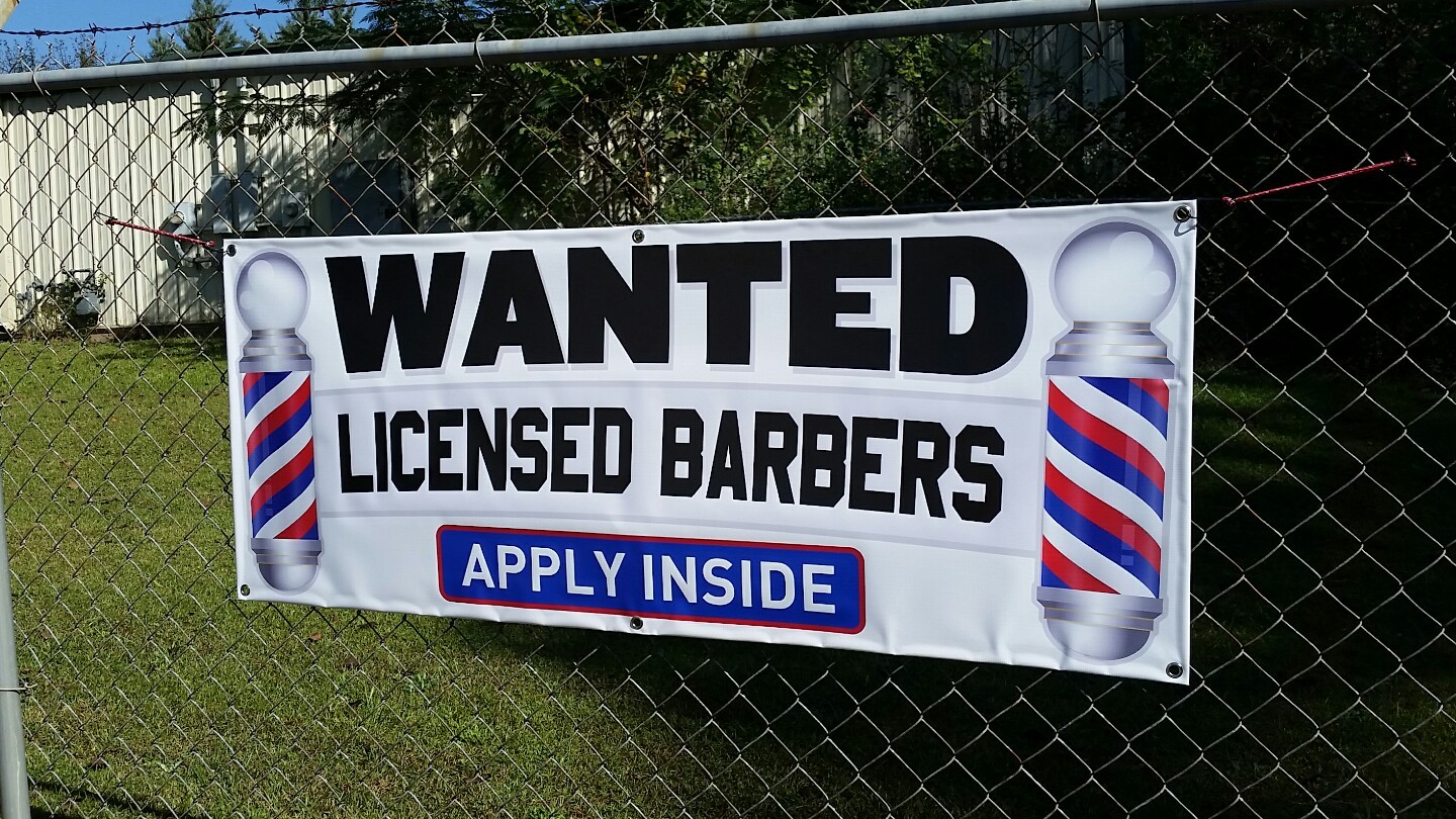 WANTED LICENSED BARBERS Apply Inside Hiring Banner Sign Display Barber Pole Open