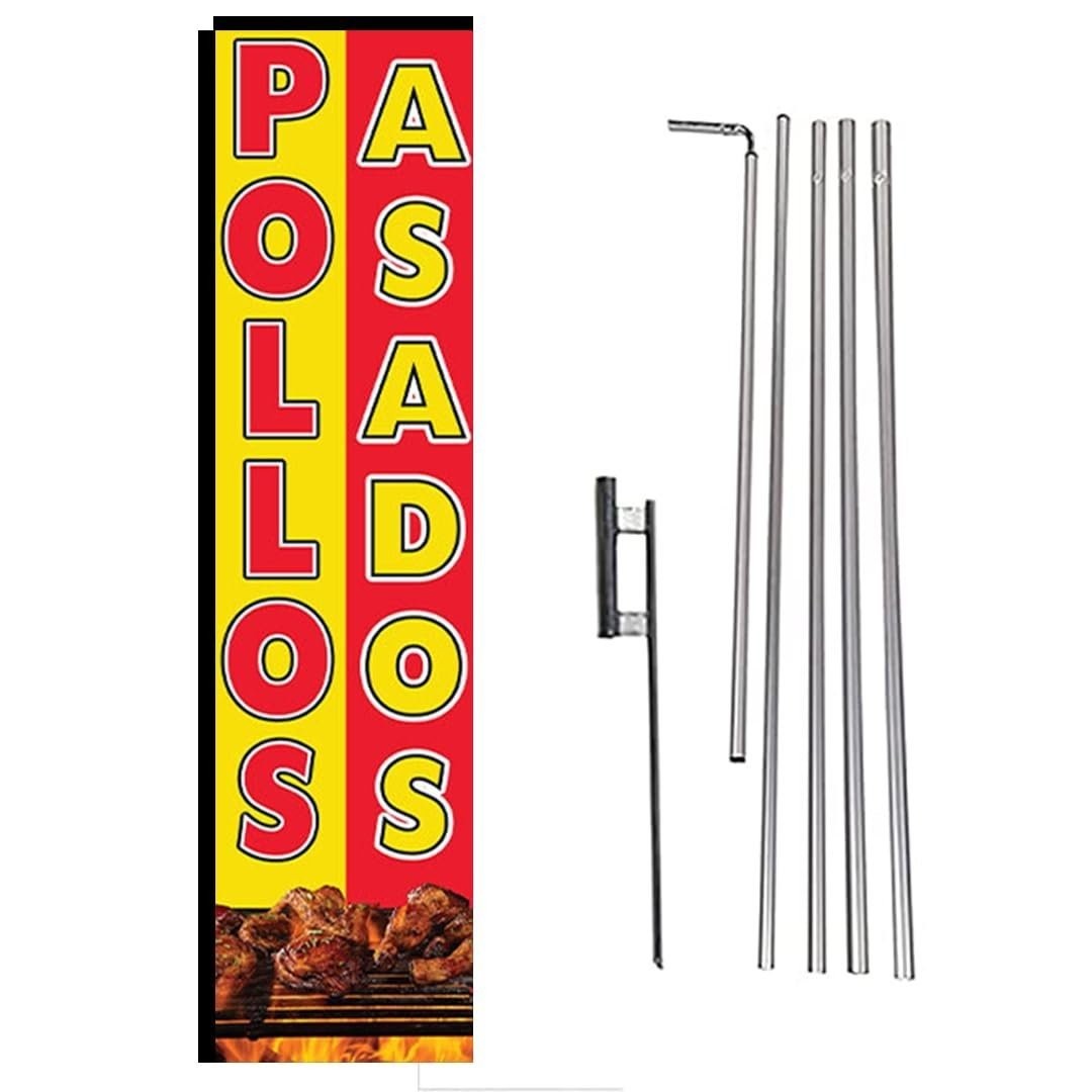 Pollos Asados Rectangle Feather Banner Flag Sign with 15&prime; FT Pole Kit and…