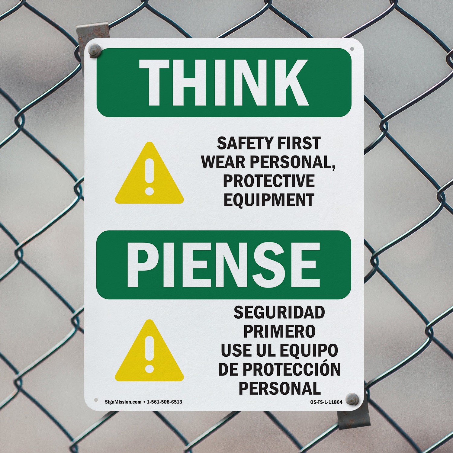 Wear PPE Symbol Bilingual OSHA Think Sign Metal, Plastic, Decal – 5 or 10 Pack