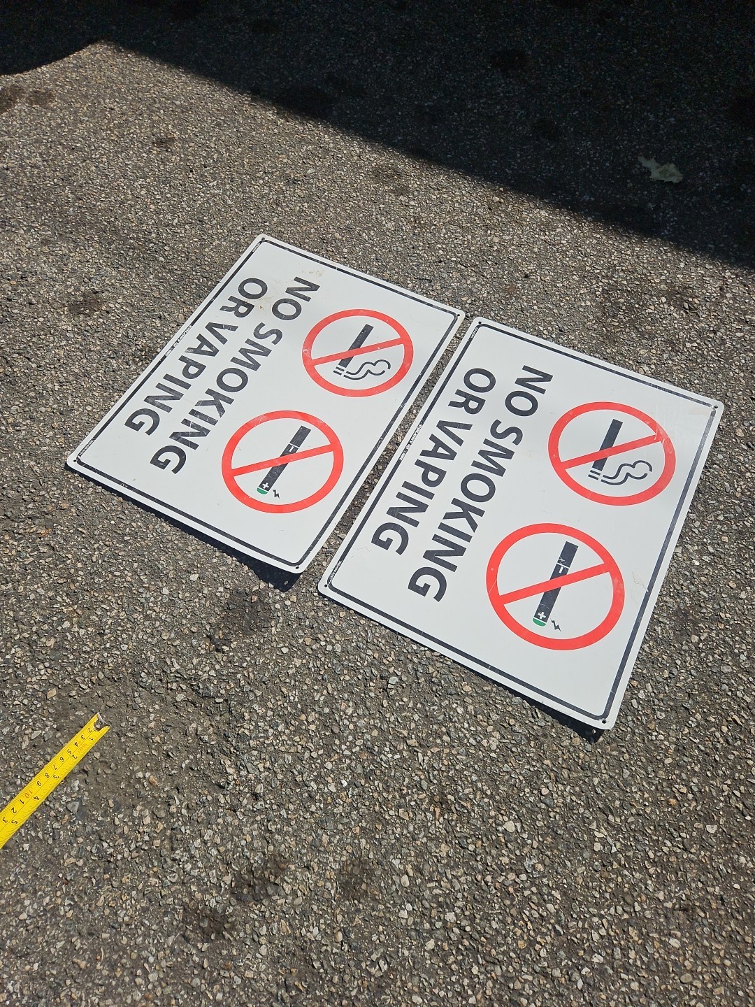 2 No Smoking or Vaping LARGE Metal Signs USED CONDITION 18X24 INCHES