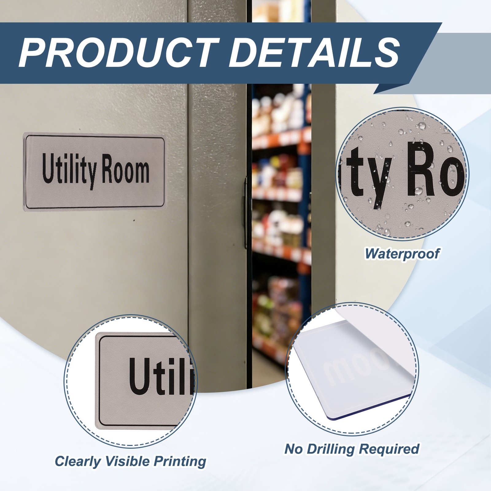 9&Prime;x3&Prime; Utility Room, 2Pcs Room Door Sign Self-Adhesive Light Gray with Black Text