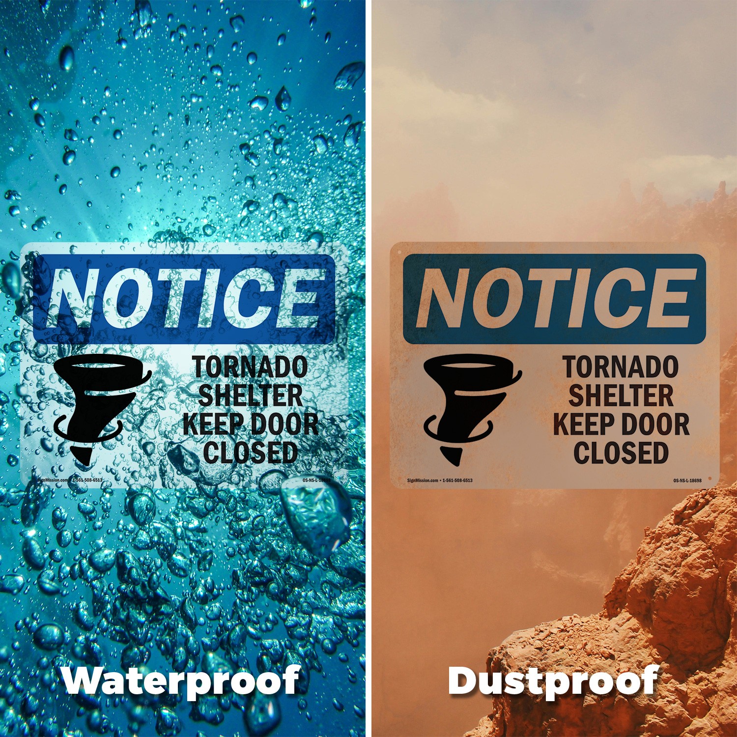 Tornado Shelter Keep Door Closed OSHA Notice Sign Metal, Decal – 5 or 10 Pack