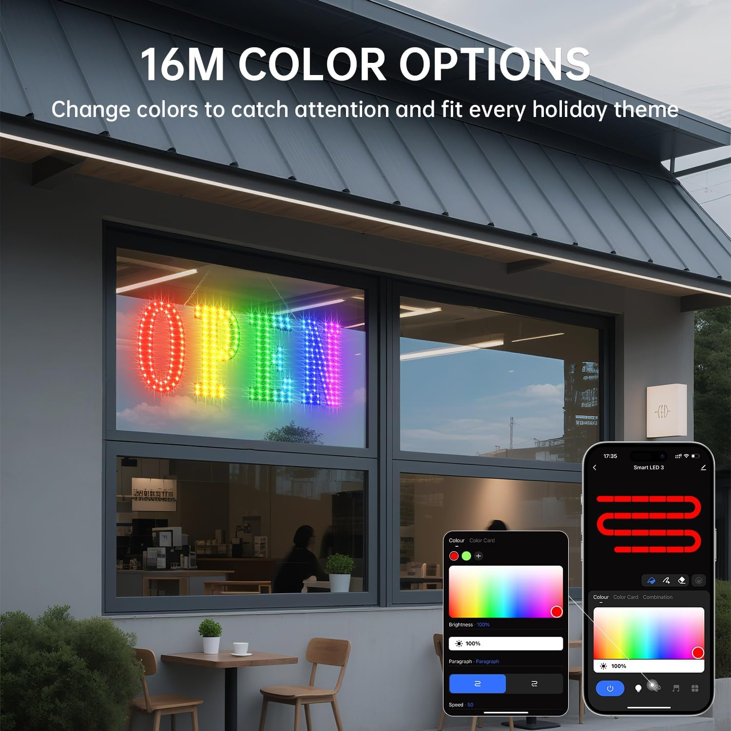 OPEN Sign for Business, 30&Prime; X 10&Prime; LED Open Sign with 16 Million Colors, APP