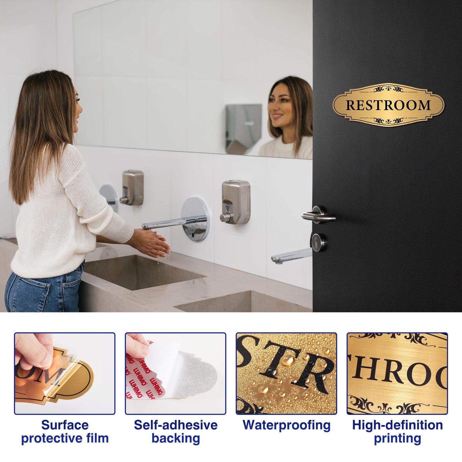Restroom Sign Sticker for Business & Home, 9IN, Gold 012