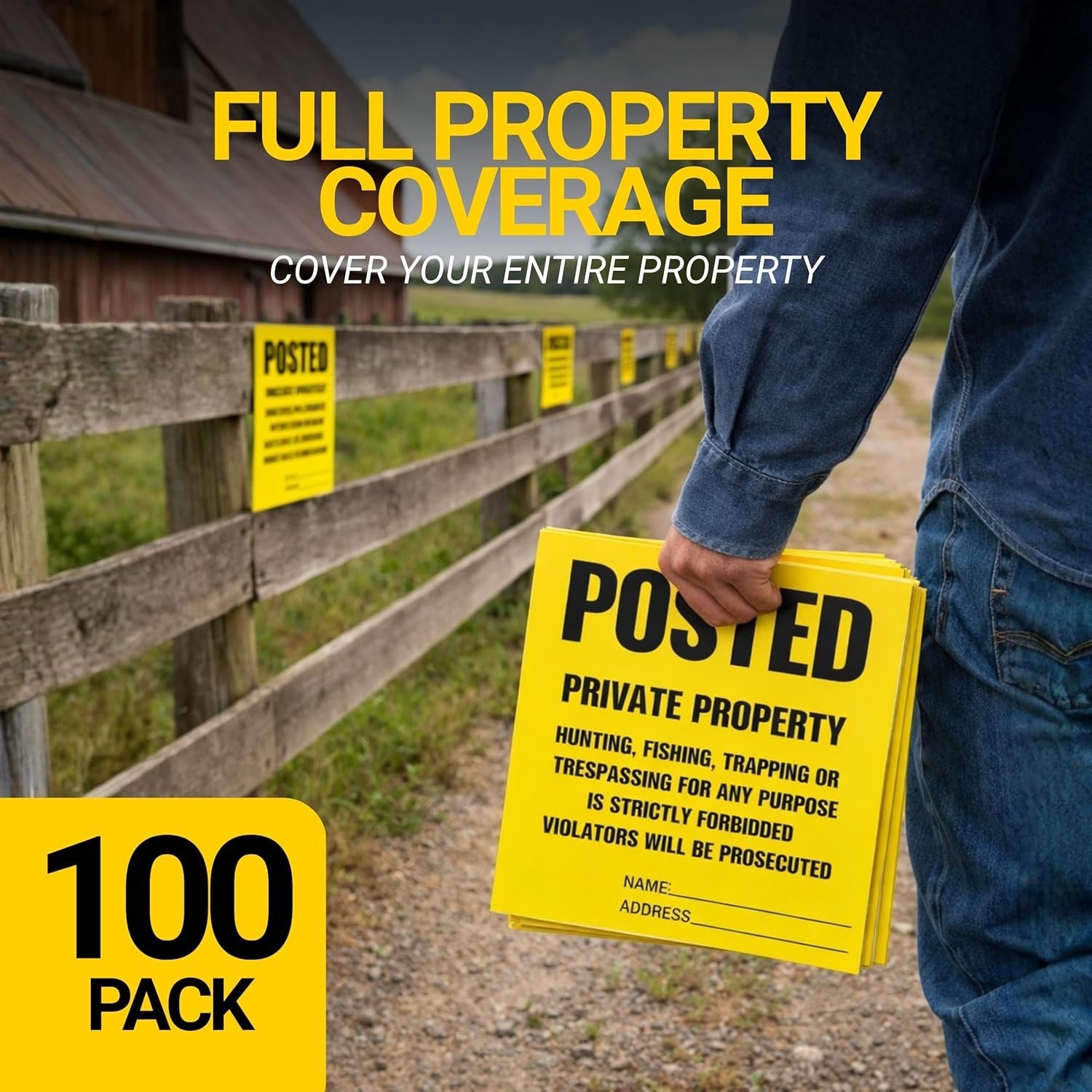 Heavy Duty Posted Signs – No Hunting or Trespassing Yellow 11&Prime; x 11&Prime; 100 Pack