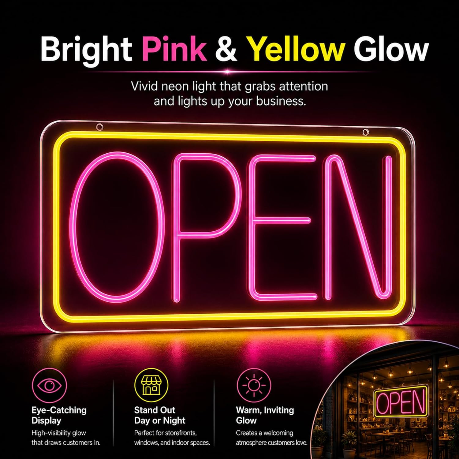 LED Open Sign Neon Light 17&Prime; X 9.3&Prime; for Business Window Yellow + Rose Red