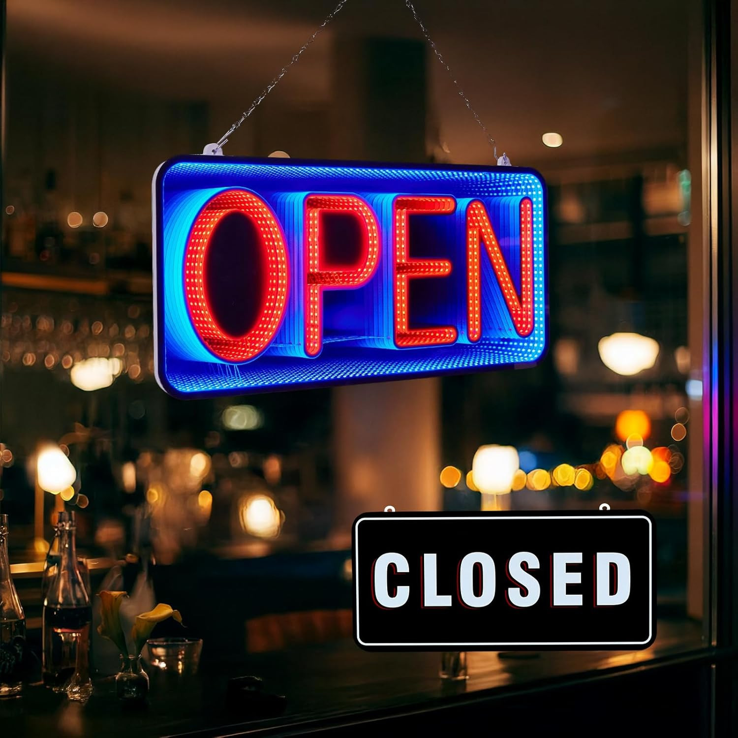Dimmable 3D LED Open Sign – Double-Sided Infinity Mirror for Business Decor