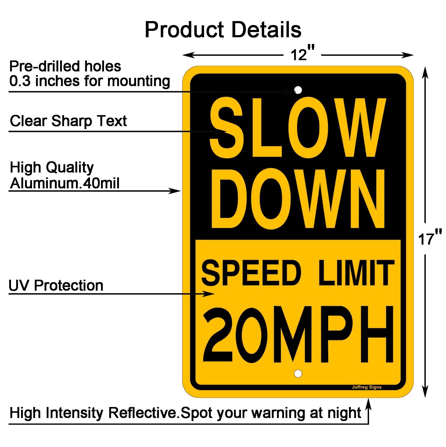 Slow Down Speed Limit 20 MPH Sign,17 x12 Inches,Reflective Aluminum (2 Pack)