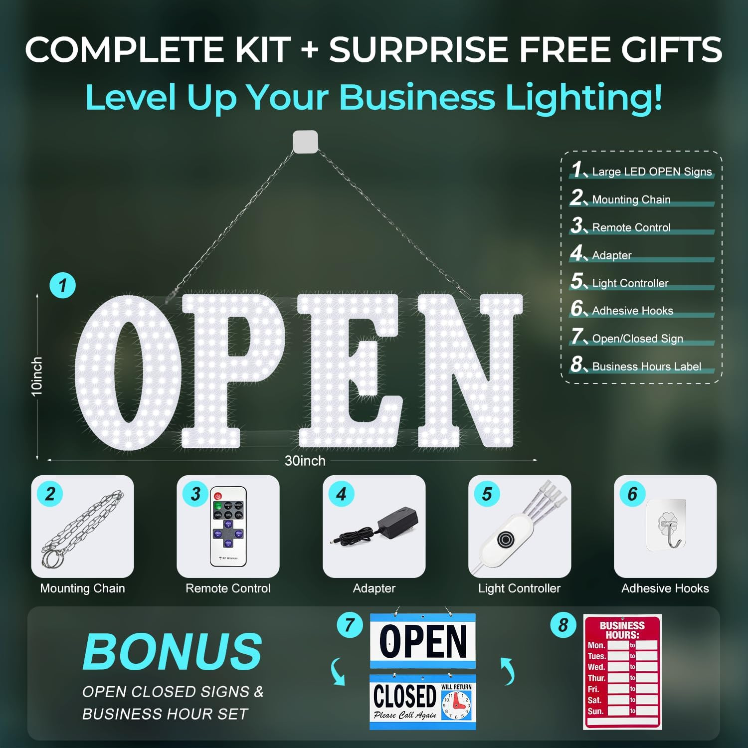 Bright LED Open Sign with Remote, 14 Modes, Dimmable for Businesses