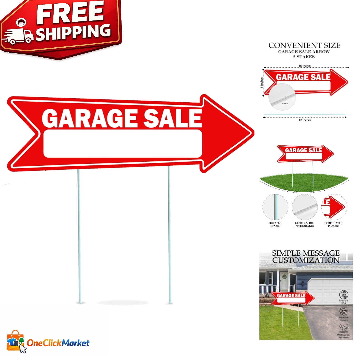 Double-Sided Red Yard Sale Arrows 16&Prime; x 5&Prime; with Stakes – 1, 3, or 6 Pack Options