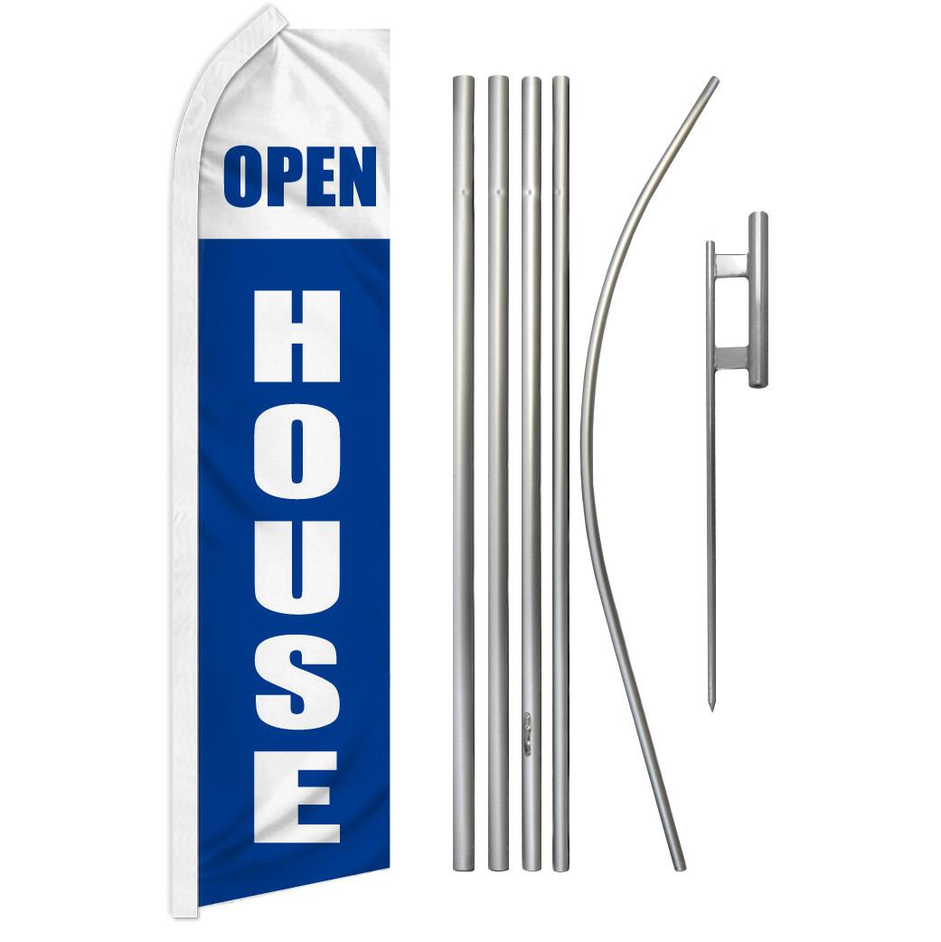 Open House Swooper Flutter Feather Advertising Flag Kit Real Estate Blue/Wt