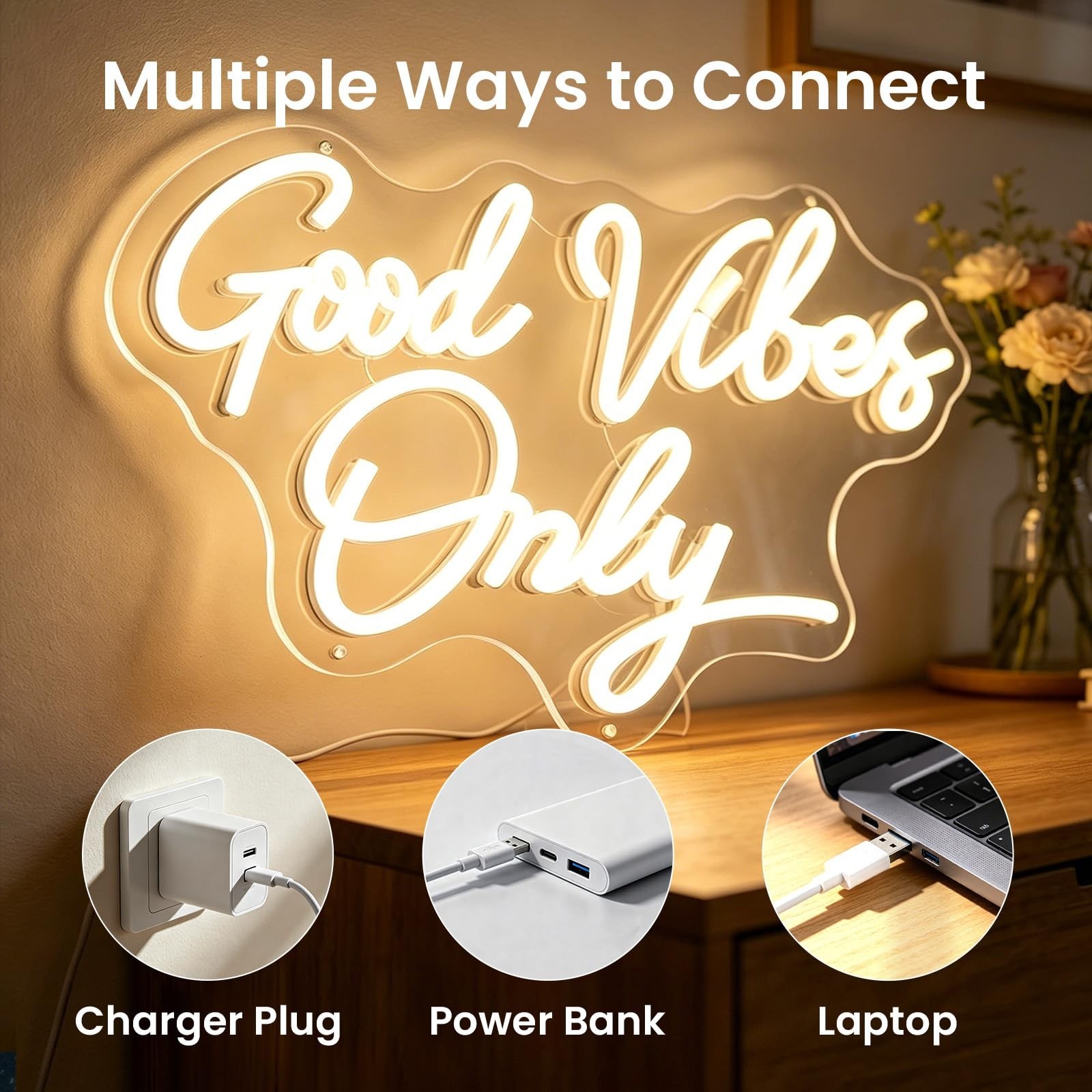 Good Vibes Only Neon Sign, Dimmable LED Neon Light for Wall Decor, for Weddin…