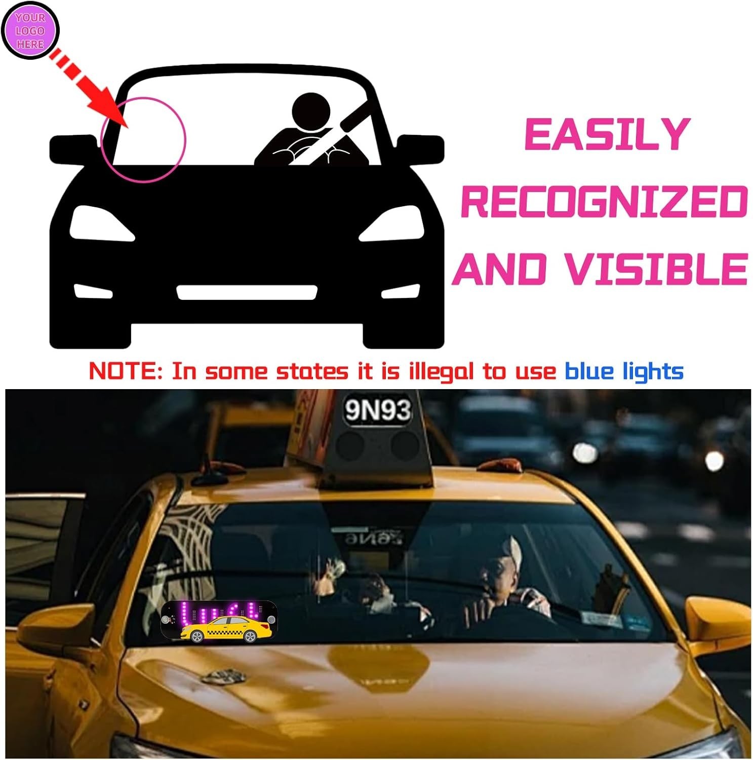 USB LED Light Sign for Drivers,Windshield Taxi Sign with Scrolling Display, Easy