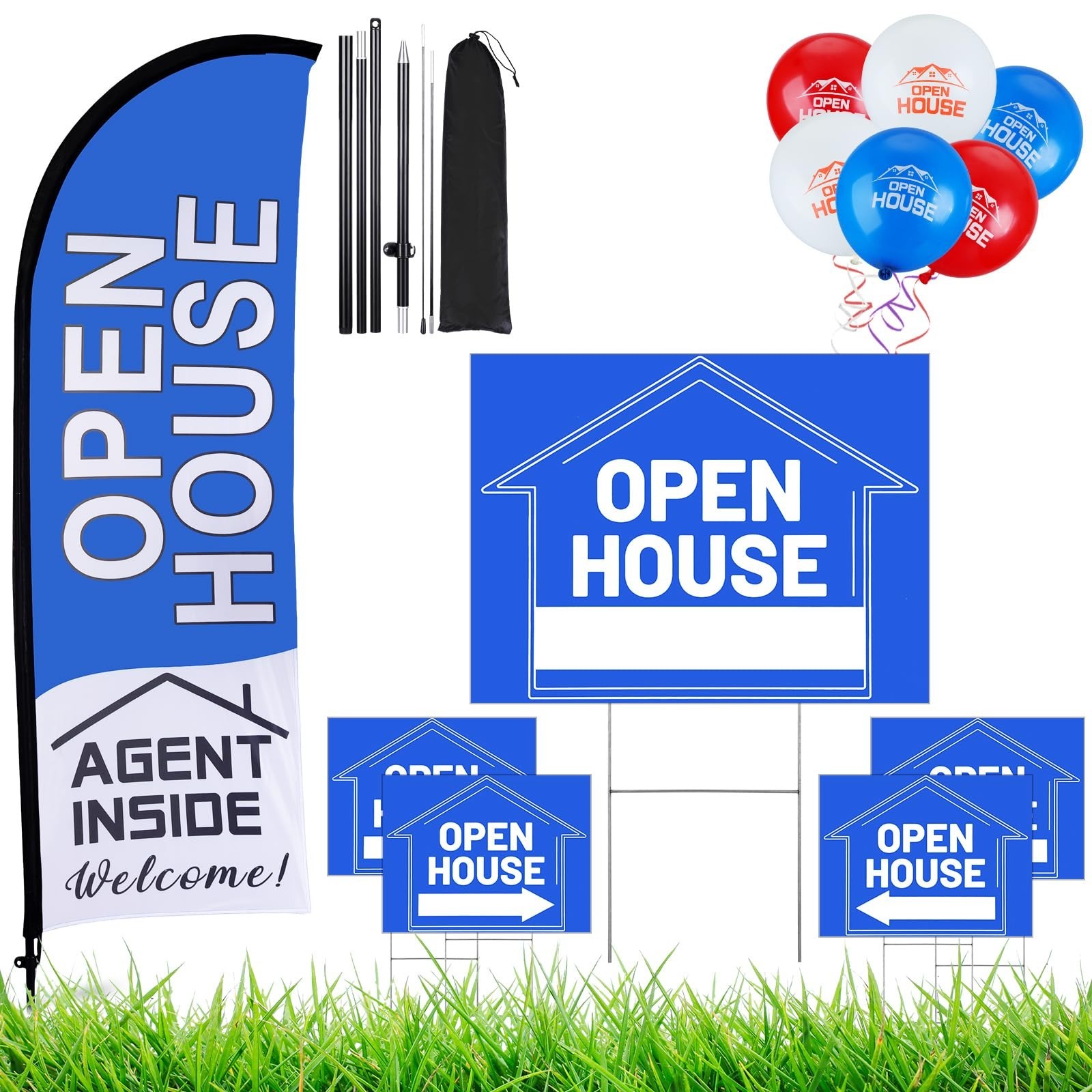 Open House Sign Set – 36 Pcs, Yard Flag Kit, Directional Arrows & Balloons