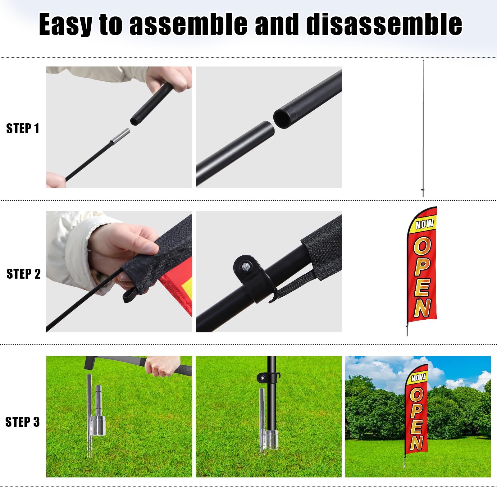 3 Sets Open Feather Flag Pole Kit, 9.2 Feet Tall Grand Opening Flag, Sign Adv…