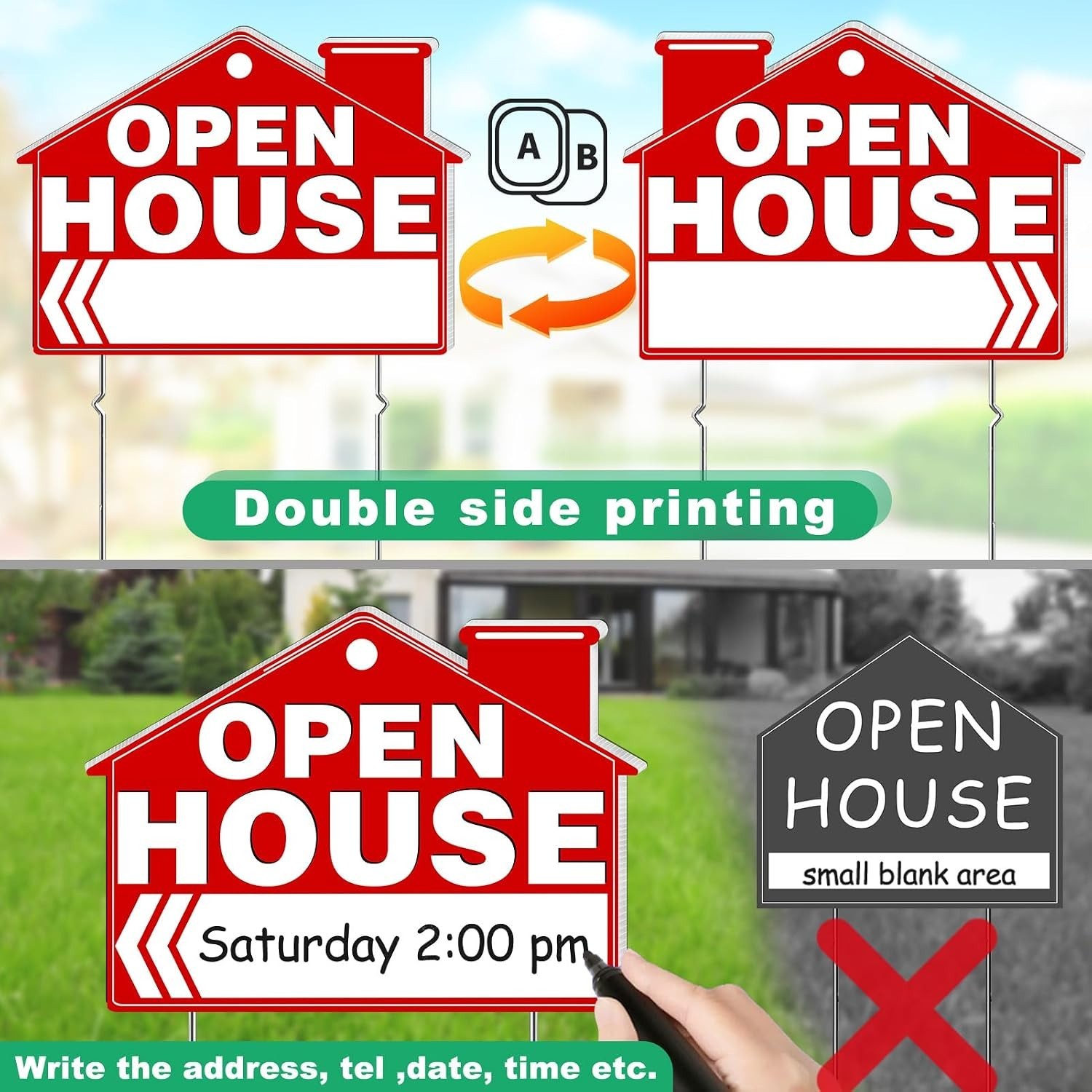 Open House Signs for Real Estate, 5 Packs 17&Prime; x 13&Prime; Large Double Sided Yard S…
