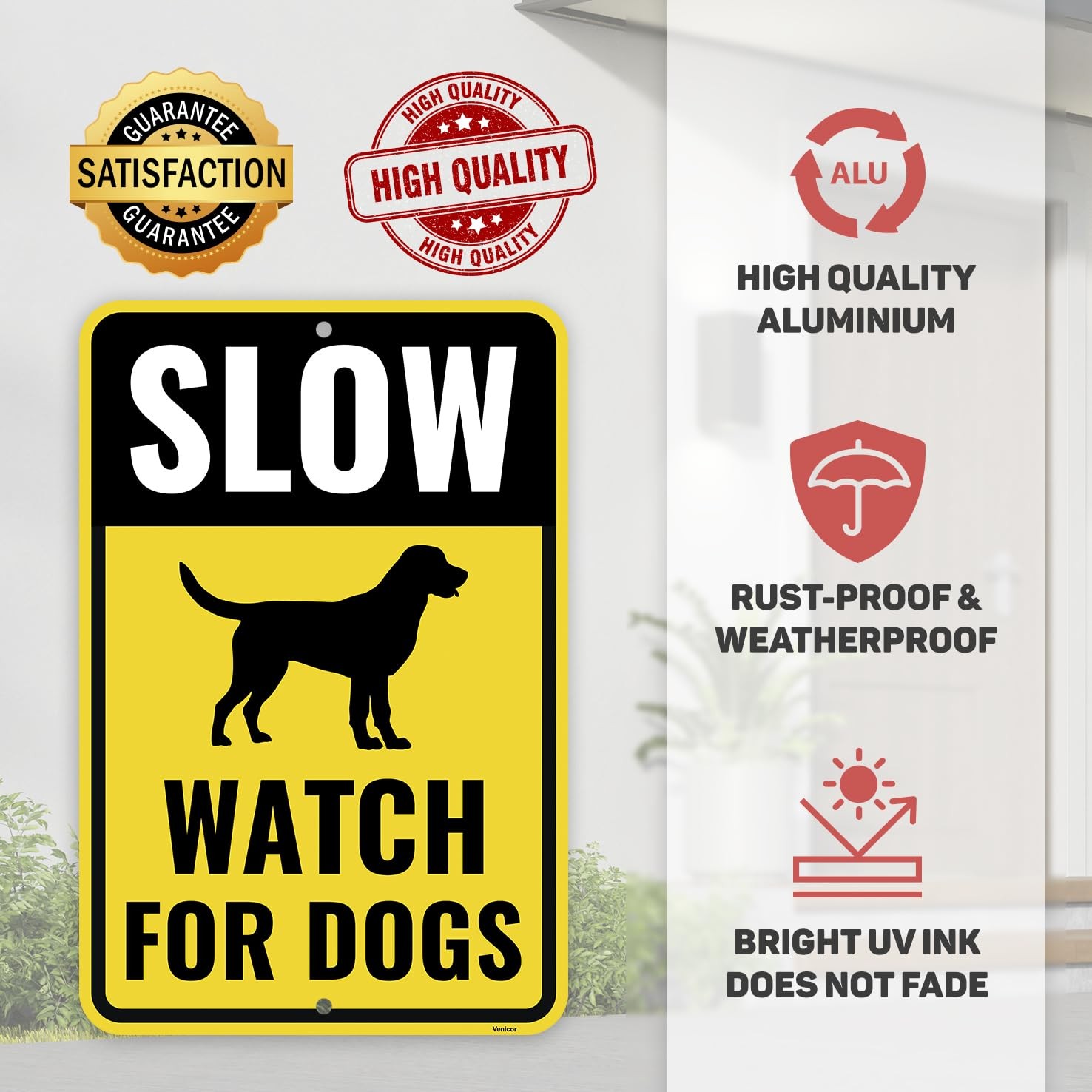 2PC Slow Watch for Dogs Sign, 18 x 12 Inches – Aluminum – Caution Slow Down D…