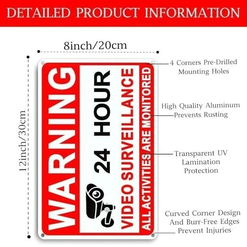 4 Pack Video Surveillance Signs, 8 x 12 Inch Aluminum Camera Signs, CCTV Secu…