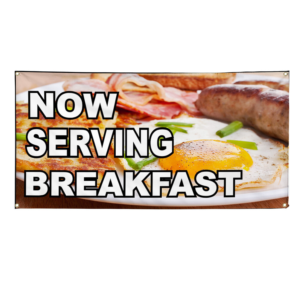 Vinyl Banner Multiple Sizes Now Serving Breakfast Business D Lifestyle Outdoor